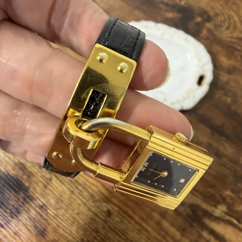 Vintage 80s FUTURA Gold Tone Crystal Padlock Bracelet Watch Black Strap Untested